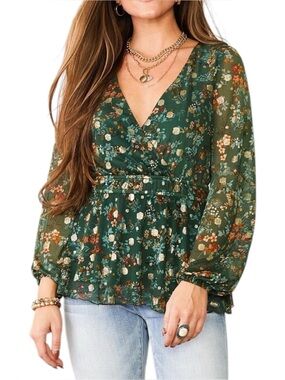 Buckle Willow & Root Green Floral Metallic Mesh Top Surplice V Neck Blouse Boho